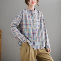 Plaid Long Sleeve Shirt (Color:Blue Size:XXL)