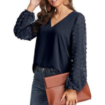 V-neck Chiffon Wool Ball Decorative Long Sleeve Blouse (Color:Dark Blue Size:L)