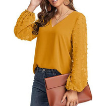 V-neck Chiffon Wool Ball Decorative Long Sleeve Blouse (Color:Yellow Size:S)