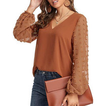 V-neck Chiffon Wool Ball Decorative Long Sleeve Blouse (Color:Orange Size:XL)