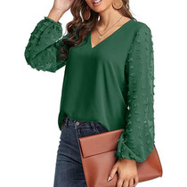 V-neck Chiffon Wool Ball Decorative Long Sleeve Blouse (Color:Green Size:S)