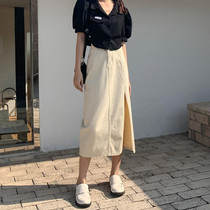 Spring High-waisted A-line Split Denim Midi Skirt (Color:Apricot Size:S)