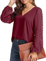 V-neck Chiffon Wool Ball Decorative Long Sleeve Blouse (Color:Wine Red Size:L)