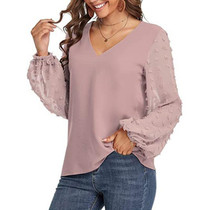 V-neck Chiffon Wool Ball Decorative Long Sleeve Blouse (Color:Pink Size:XL)