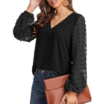 V-neck Chiffon Wool Ball Decorative Long Sleeve Blouse (Color:Black Size:L)