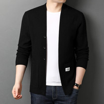 Men Knit Cardigan V-Neck Jacket (Color:Black Size:L)