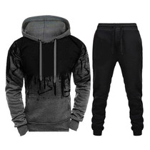 Men Loose Print Hoodie Sport Sweatshirt Set (Color:Grey Size:XXXL)