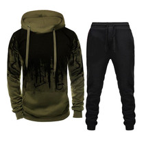 Men Loose Print Hoodie Sport Sweatshirt Set (Color:Army Green Size:XXXL)