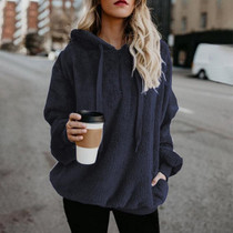 Long-sleeved Hooded Solid Color Women Sweater Coat (Color:Dark Blue Size:XXXXXL)