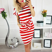 Slim-fit Waist Slimming Round Neck Striped Belt Dress (Color:Thick Red Size:XL)