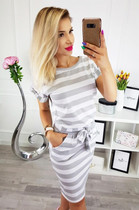 Slim-fit Waist Slimming Round Neck Striped Belt Dress (Color:Thick Striped Gray Size:XXL)