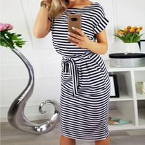 Slim-fit Waist Slimming Round Neck Striped Belt Dress (Color:Pinstripe Black Size:L)