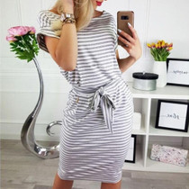 Slim-fit Waist Slimming Round Neck Striped Belt Dress (Color:Pinstripe Gray Size:XXXL)