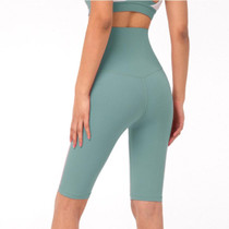 Double Sided Brocade Skin Nude Fitness Pants Five Point Tight Yoga Shorts (Color:Tidewater Teal Size:L)