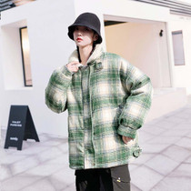 Down Jacket Lovers With The Same Paragraph Lamb Wool Coat Plaid Mori Retro Stand-up Collar Tooling Cotton Coat (Color:Green grid Size:L)