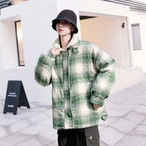 Down Jacket Lovers With The Same Paragraph Lamb Wool Coat Plaid Mori Retro Stand-up Collar Tooling Cotton Coat (Color:Green grid Size:M)