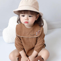 Autumn Baby Squirrel Embroidered Pattern Cotton Triangle Romper (Color:Coffee Size:100cm)