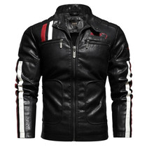 Autumn and Winter Letters Embroidery Pattern Tight-fitting Motorcycle Leather Jacket for Men (Color:Black Size:S)