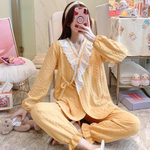 Two-piece Kimono Warm Pajamas For Pregnant Women (Color:Yellow Size:XXL)