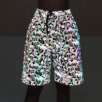Summer Cartoon Mushroom Printed Colorful Reflective Shorts Loose for Men (Color:Black Size:M)