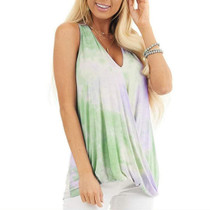 Tie-dye Print V-neck Vest T-shirt for Ladies (Color:Green Size:XXL)