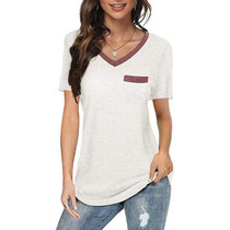 Summer Color Matching V-neck Pocket Loose Casual Cotton Short-sleeved T-shirt for Ladies (Color:White Size:XL)