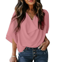 Solid Color Loose V-neck Bat Sleeve Short-sleeved T-shirt For Women (Color:Pink Size:S)