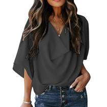 Solid Color Loose V-neck Bat Sleeve Short-sleeved T-shirt For Women (Color:Dark Gray Size:XXL)