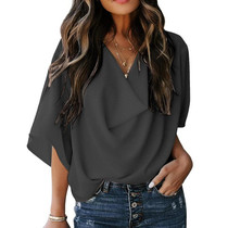 Solid Color Loose V-neck Bat Sleeve Short-sleeved T-shirt For Women (Color:Dark Gray Size:S)