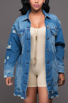 Women Plus Size Mid-length Ripped Denim Trench Coat (XXL)