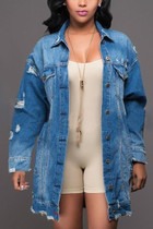 Women Plus Size Mid-length Ripped Denim Trench Coat (M)