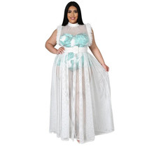 See-through Sexy Net Yarn Plus Size Dress Two-piece Suit (Color:White Size:XXXL)