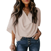 Solid Color Loose V-neck Bat Sleeve Short-sleeved T-shirt For Women (Color:Apricot Size:XL)
