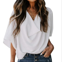 Solid Color Loose V-neck Bat Sleeve Short-sleeved T-shirt For Women (Color:White Size:L)