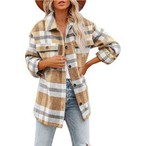 Lapel Long Sleeve Flannel Check Shirt Loose Casual Cardigan Jacket for Ladies (Color:Khaki Size:L)