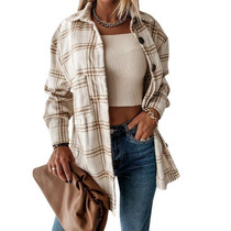 Lapel Long-sleeved Plaid Cardigan Shirt Loose Casual Woolen Coat for Ladies (Color:Apricot Size:S)