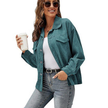 Lapel Long Sleeve Corduroy Jacket Shirt Loose Casual Cardigan Jacket for Ladies (Color:Green Size:L)