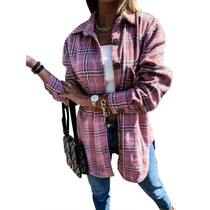 Lapel Long-sleeved Plaid Cardigan Shirt Loose Casual Woolen Coat for Ladies (Color:Pink Size:S)