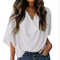 Solid Color Loose V-neck Bat Sleeve Short-sleeved T-shirt For Women (Color:White Size:M)