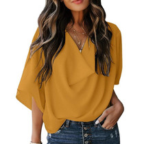 Solid Color Loose V-neck Bat Sleeve Short-sleeved T-shirt For Women (Color:Turmeric Size:XL)