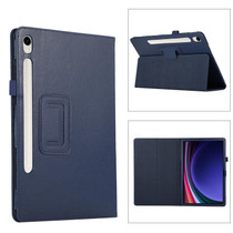 For Samsung Galaxy Tab S9 Ultra Litchi Texture Leather Tablet Case with Holder(Dark Blue)