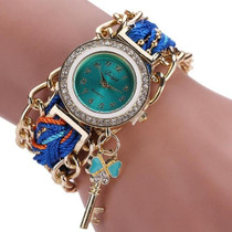 Women Round Dial Diamond Braided Hand Strap Quartz Watch with Key Pendant(Sky Blue)