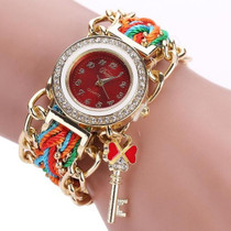 Women Round Dial Diamond Braided Hand Strap Quartz Watch with Key Pendant(red)