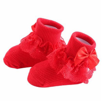 3 Pairs Bow Lace Baby Socks Newborn Cotton Baby Sock, Size:M(Red)