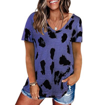 Leopard Texture Print Loose Short Sleeve T-Shirt for Ladies (Color:Dark Blue Size:XL)