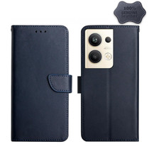 For OPPO Reno9 Pro+ HT02 Genuine Leather Fingerprint-proof Flip Phone Case(Blue)