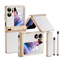 For OPPO Find N2 Flip Litchi Texture Leather Hinged Electroplated Phone Case with Pen(Gold White)
