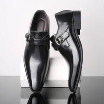 Pointed British Style Men Leather Shoes Buckle Low Heel Shoes, Size:48(Black)