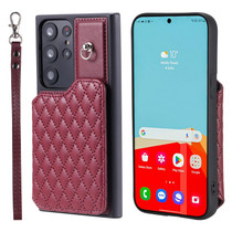 For Samsung Galaxy S23 Ultra 5G Grid Texture Card Bag Phone Case with Lanyard(Red)