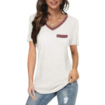 Summer Color Matching V-neck Pocket Loose Casual Cotton Short-sleeved T-shirt for Ladies (Color:White Size:S)